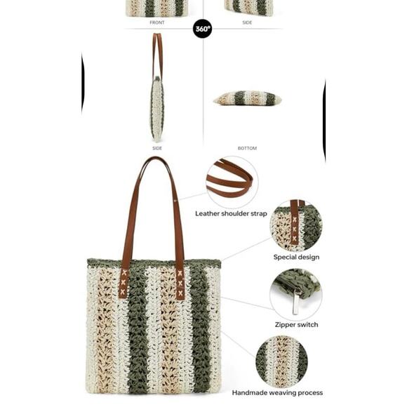 Green‎ Boho Striped Woven Tote -Handmade, Chic, Beach Bag, - Picture 2 of 7